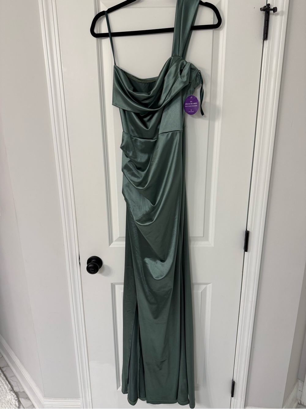 Windsor One-Shoulder Draped Satin Gown - Dusty Green